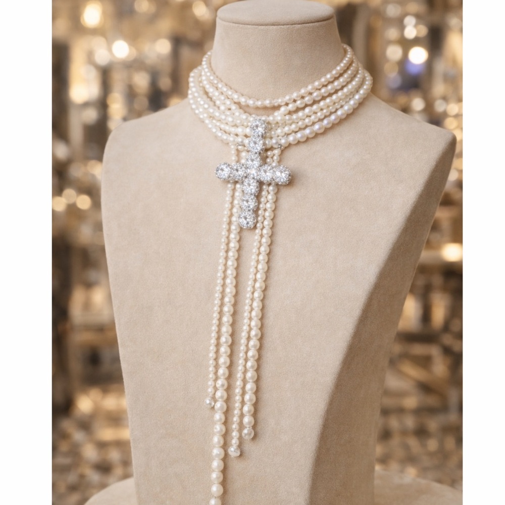 Statement Necklace Multi Faux Pearl Strand w/Large Rhinestone Cross -Adjustable - Picture 3 of 6